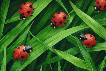 Fototapeta premium A watercolor illustration showcasing a repeating pattern of ladybugs resting on leaves and blades of grass.