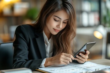 Event planner timetable agenda plan schedule event. Business woman checking planner on mobile phone, scheduling on calendar planner, laptop computer on office table. Calendar event, Generative AI
