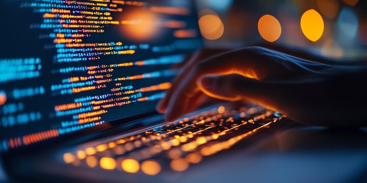 Digital software technology, mobile app development concept. Computer programmer, software developer coding on laptop computer with javascript and binary, Generative AI