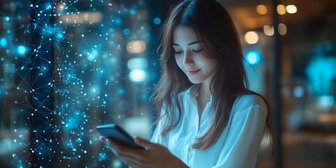 chatbot conversation assistant on smartphone app interface with AI technology providing virtual assistant, customer support. Business woman using mobile phone with chatbot automatic, Generative AI