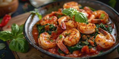 Pan fried Shrimp in Tomato Sauce with Spinach on the Table