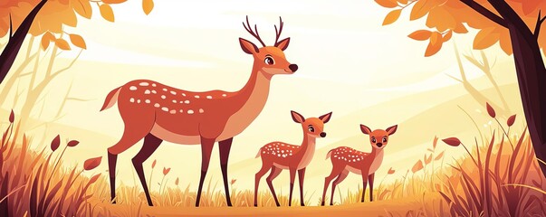 A serene illustration of a deer family in autumn, featuring a mature deer and two fawns amidst vibrant orange leaves.