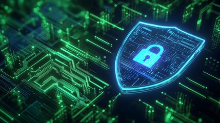 Glowing digital shield with lock over a green circuit board, representing cybersecurity, data protection, and technology.