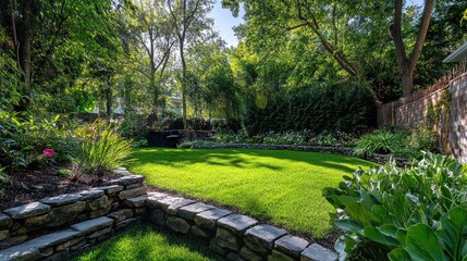 Naklejka premium Landscaped Backyard with Stone Walls