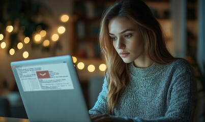 Blocking spam e-mail, warning pop-up for phishing mail, network security concept. Business woman working on laptop computer at home with warning, Generative AI