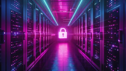Illuminating the Future of Cybersecurity: A Glowing Hallway Reflecting Digital Guardianship with a Prominent Lock Icon, Symbolizing Security in Data Management Systems.