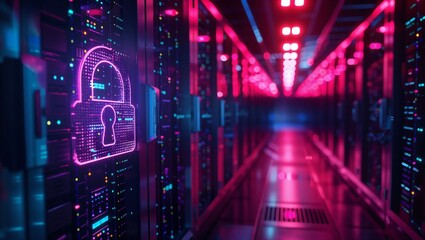 A mesmerizing glimpse into a high-tech server room, illuminated by vibrant pink and blue lights, showcasing a digital lock symbolizing data security in a cyber world.