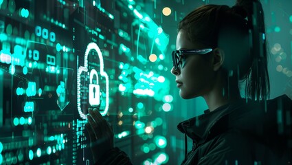 A young woman interacts with futuristic digital security elements, embodying the essence of modern cybersecurity in a vibrant, tech-driven environment filled with glowing lights.
