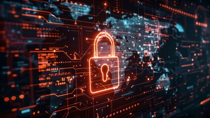 Obraz premium Unlocking the Future of Security: A Glimpse into the World of Cyber Protection with a Glowing Padlock Against a Futuristic Digital Landscape of Networks and Data Streams.