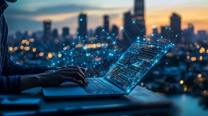 Digital technology concept, internet network connection. Computer programmer working on laptop computer and smart city, data link, software, Generative AI