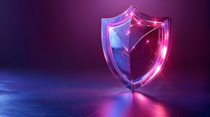 Glowing Shield: Futuristic digital shield emitting pink and purple hues, representing cybersecurity and data protection in a technological world.