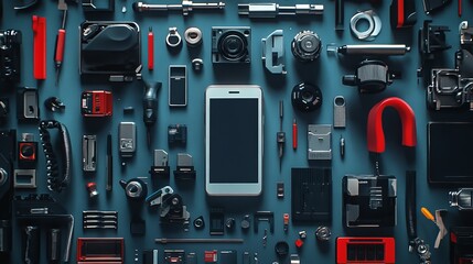 Fototapeta premium A flat lay of various tools and gadgets on a blue background, including a smartphone, screwdriver, and wrench.