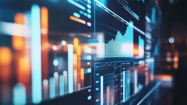 A futuristic display with colorful charts and graphs, symbolizing data analysis and financial trends.