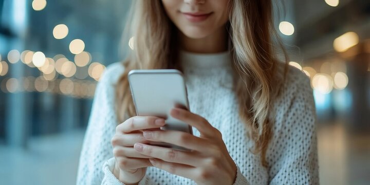 Close-up, business woman using smartphone, touching on screen, surfing the internet at modern office, searching data or social networks concept, Generative AI - Powered by Adobe