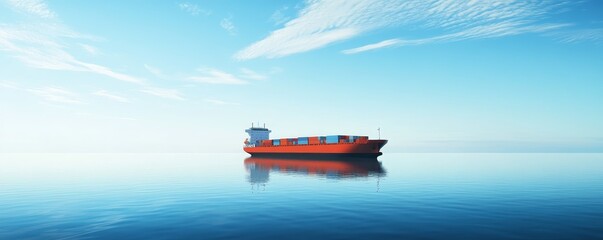 A large cargo ship sails across calm blue waters under a bright, clear sky.
