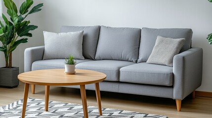 semi close-up of a cozy living space with a modern gray sofa, wooden flooring, and minimalistic decor, soft natural light from the windows, neutral color palette creating a calm atmosphere, focus on