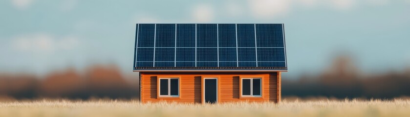 Fototapeta premium A modern house featuring solar panels, surrounded by natural landscape, showcasing sustainable living and eco-friendly design.