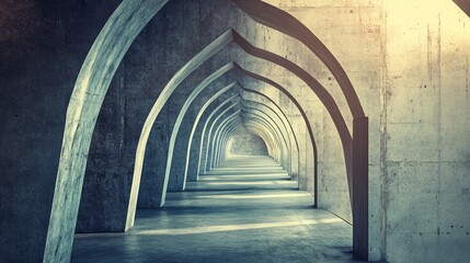 A long, symmetrical hallway with concrete arches, bathed in warm sunlight. The perspective creates a sense of depth and mystery.