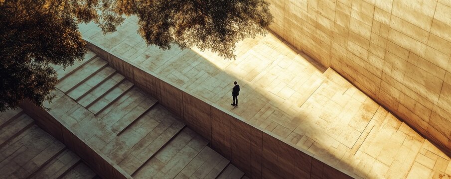 A lone figure walks up a long set of stairs.