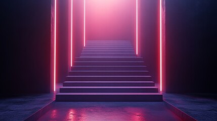 Fototapeta premium A mysterious staircase bathed in pink neon light, leading into a dark, hazy room.