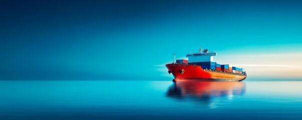 A red and blue cargo ship sails on a calm blue sea.