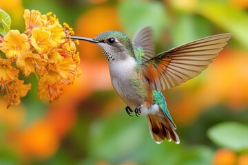 Fototapeta premium Hummingbird Feeding on Yellow Flowers