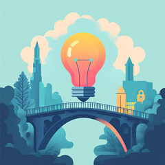 Obraz premium Light bulb floating over a bridge in a cityscape with buildings and trees symbolizing urban creativity and ideas