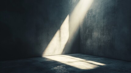 A single beam of light shines through a crack in the wall of a dark, empty room.