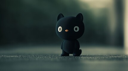A small black plush toy cat sits on a concrete surface, looking directly at the camera with large eyes.  The background is a soft green blur.