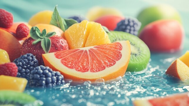 A vibrant mix of fresh fruits, including berries, citrus, and kiwi, arranged on a blue surface with water droplets.