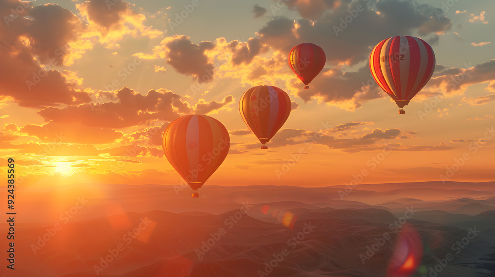 Wall mural colorful hot air balloons soaring through a vibrant orange sky at sunset, with a mountain landscape 