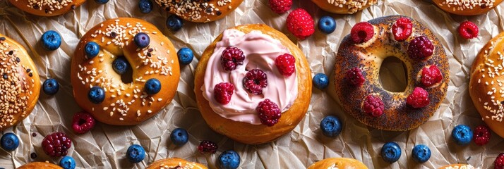 Fototapeta premium Homemade Bagels on Parchment Paper Served with Cream Cheese, Berries, and Assorted Flavors