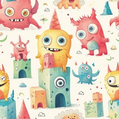Naklejka premium Seamless pattern of baby monsters playing with building blocks, creating towers and structures