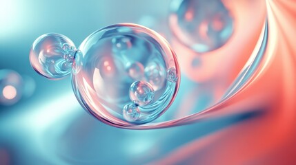 Abstract image of glowing translucent spheres with a vibrant blue and pink background. The spheres appear to be floating and connected.