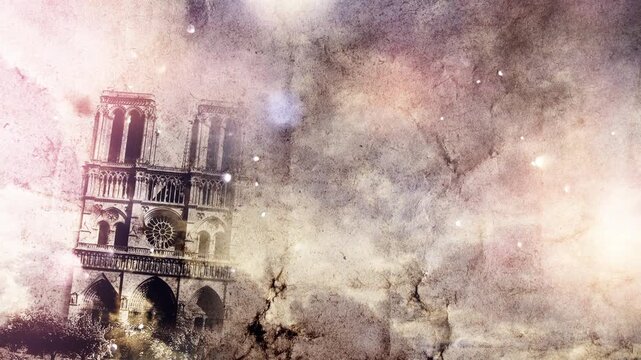Collage of moving main landmarks of Paris on old grunge paper with time lapse of sky with clouds and slow motion of flying dust. Sacre Coeur, Notre Dame and Eiffel Tower. 4k creative video animation.