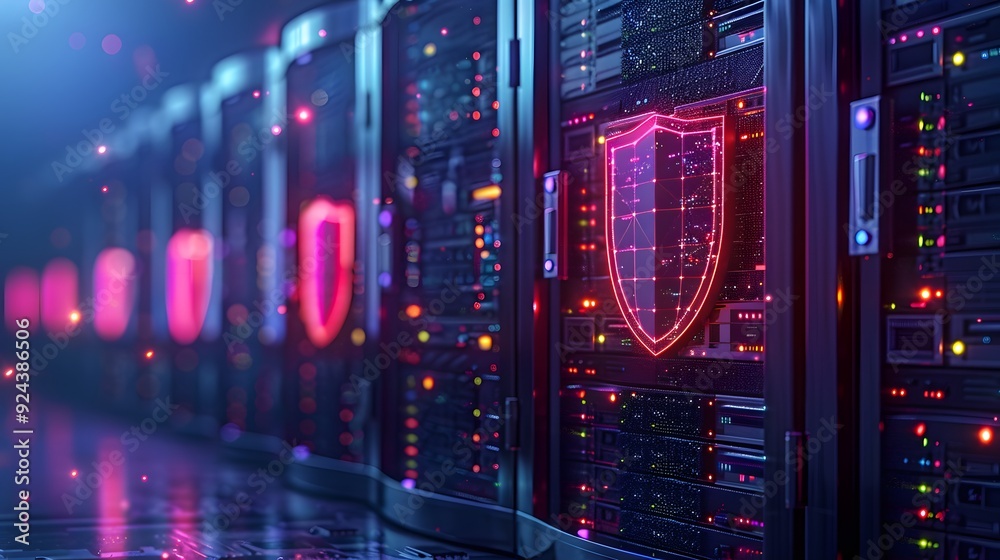 Poster secure modern data center server racks with glowing shields representing strong cybersecurity measur