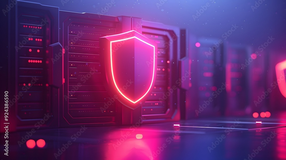 Poster server racks with a glowing red shield representing cybersecurity in a futuristic data center. blue 