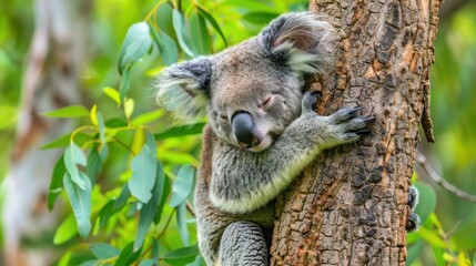 Fototapeta premium Adorable Koala Bear Napping in Eucalyptus Tree.