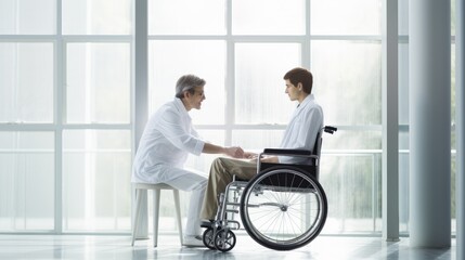 Brightly lit hospital corridor scene showing a young doctor pushing a patient in a wheelchair,generative ai