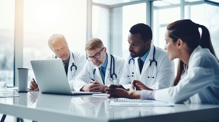Obraz premium Doctor and clinic team working together in a meeting, discussing plans and strategies for collaboration,generative ai