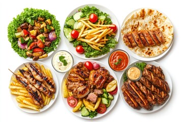 Set of various plates of food, top view, isolated on white background. with generative ai