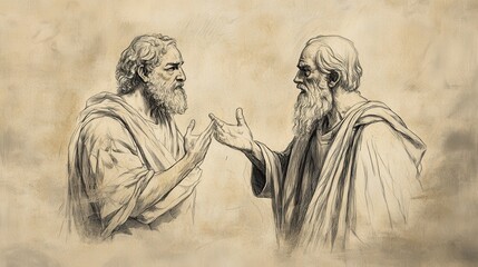 Fototapeta premium Numbers: Biblical Illustration Featuring Aaron and Moses Pleading, Beige Background, Perfect for Faith-Based Educational Materials and Compassion Studies