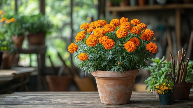 Vibrant French Marigolds in a Rustic Pot