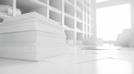Obraz premium A stack of white papers on a white desk in a bright office setting.