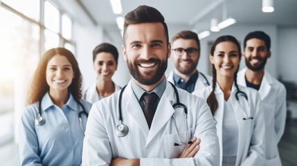 Fototapeta premium Group of cheerful doctors with crossed arms, exuding confidence in a well-lit hospital setting,generative ai