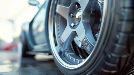 Fototapeta premium Sports Car Wheel. Closeup of Low Profile Tyres on Aluminium Rims
