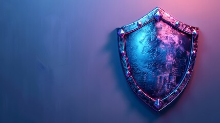 Fototapeta premium Vintage shield illuminated by blue and pink neon lights mounted on a wall, evoking a sense of medieval and futuristic themes.