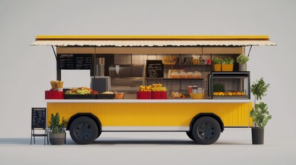 A yellow food truck with a striped awning, showcasing fresh fruits and drinks for sale.