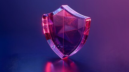 Vibrant translucent shield symbolizing security and protection, reflecting purple-pink hues against a dark background.