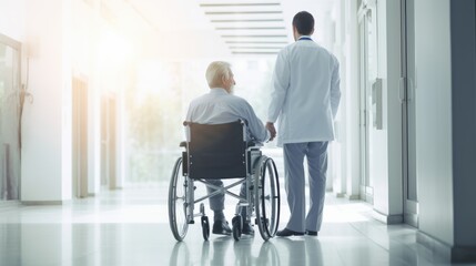 Side view of a young doctor guiding a wheelchair patient through a hospital corridor,generative ai